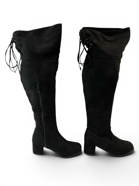Room of Fashion Shoes - Room of Fashion Knee High Black Suede Boots Lace Back Block Heel 6W